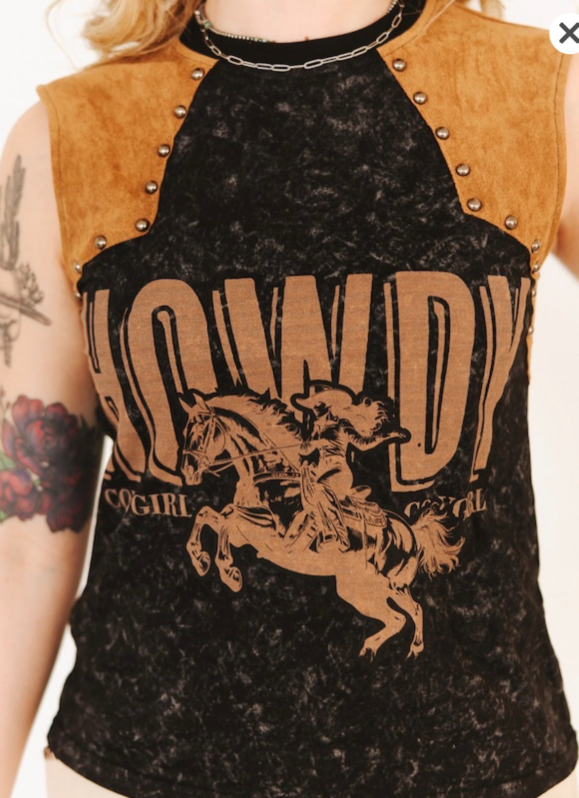 BLACK MINERAL WASH SUEDE YOKE VINTAGE STUDDED SLEEVELESS SHIRT