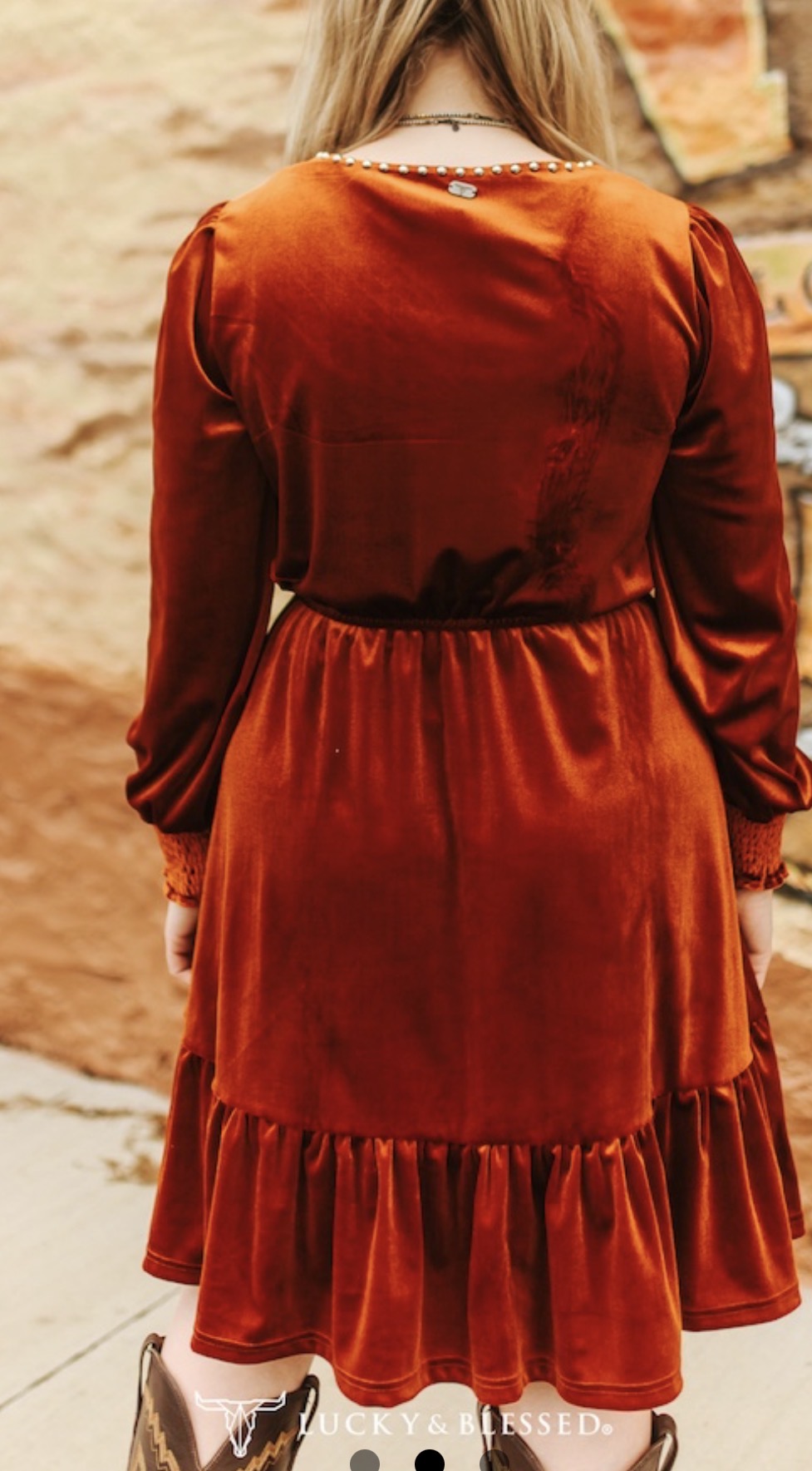 RUST VELVET LONG SLEEVE VINTAGE RUFFLE HEM STUDDED DRESS