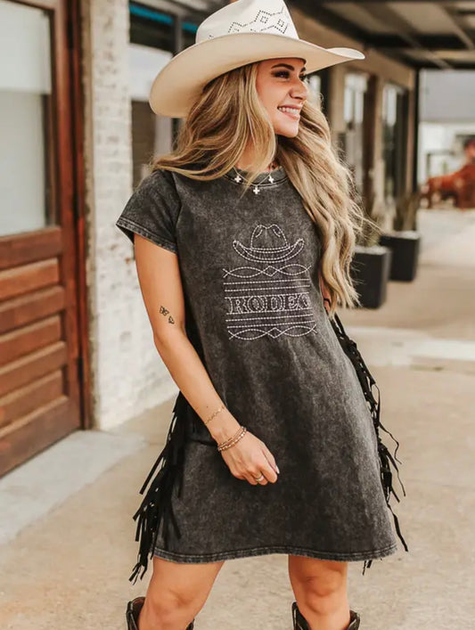 Mineral Wash Rodeo Embroidered Fringe Dress