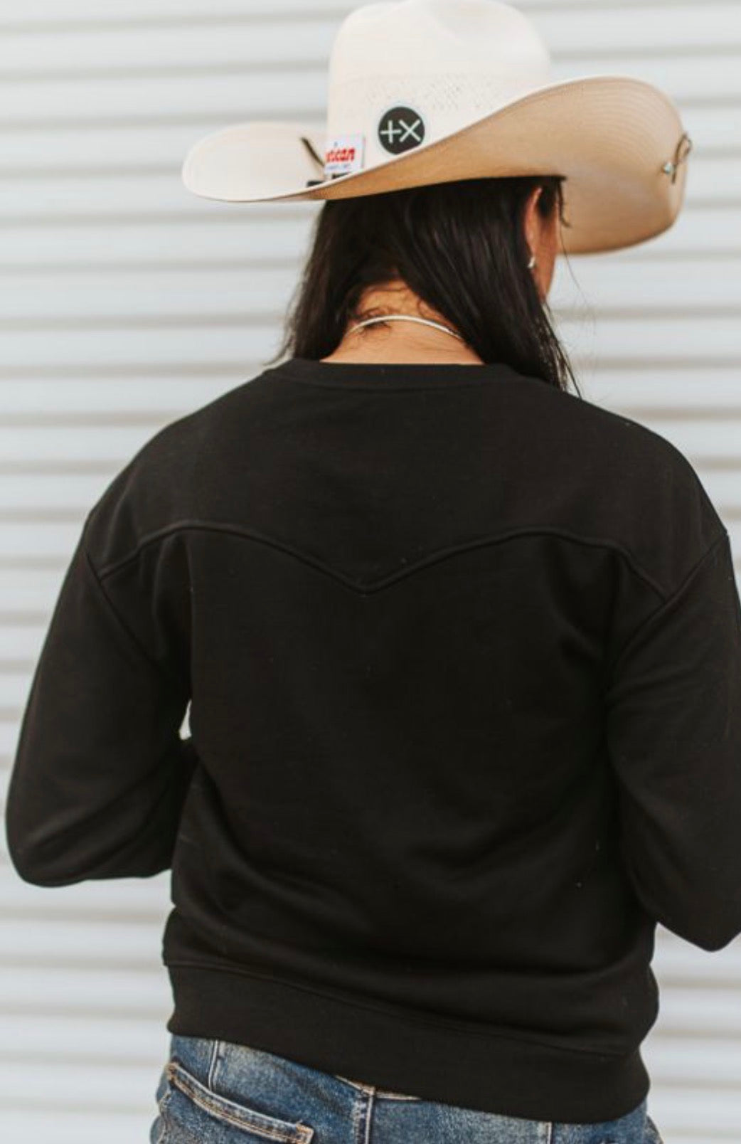 BLACK EMBROIDERED DENIM FRONT POCKET SWEATSHIRT