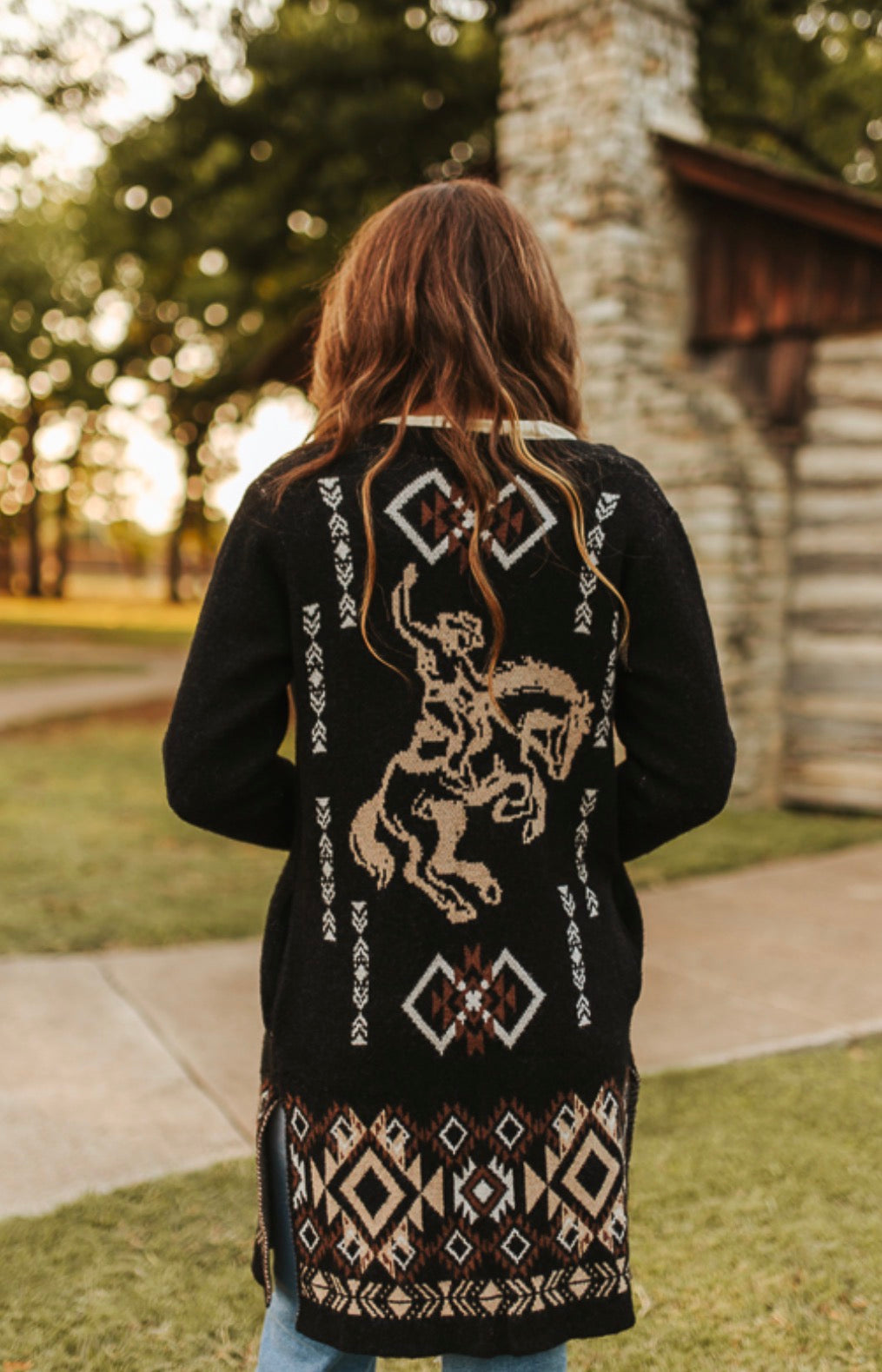 BLACK KNIT BRONCO WESTERN LONG CARDIGAN