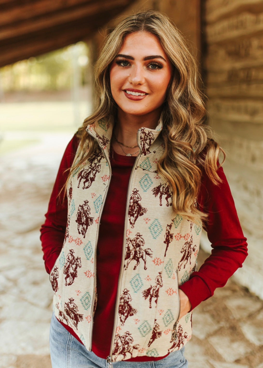 CREAM RODEO COWBOY PRINTED QUILTED ZIP-UP VEST
