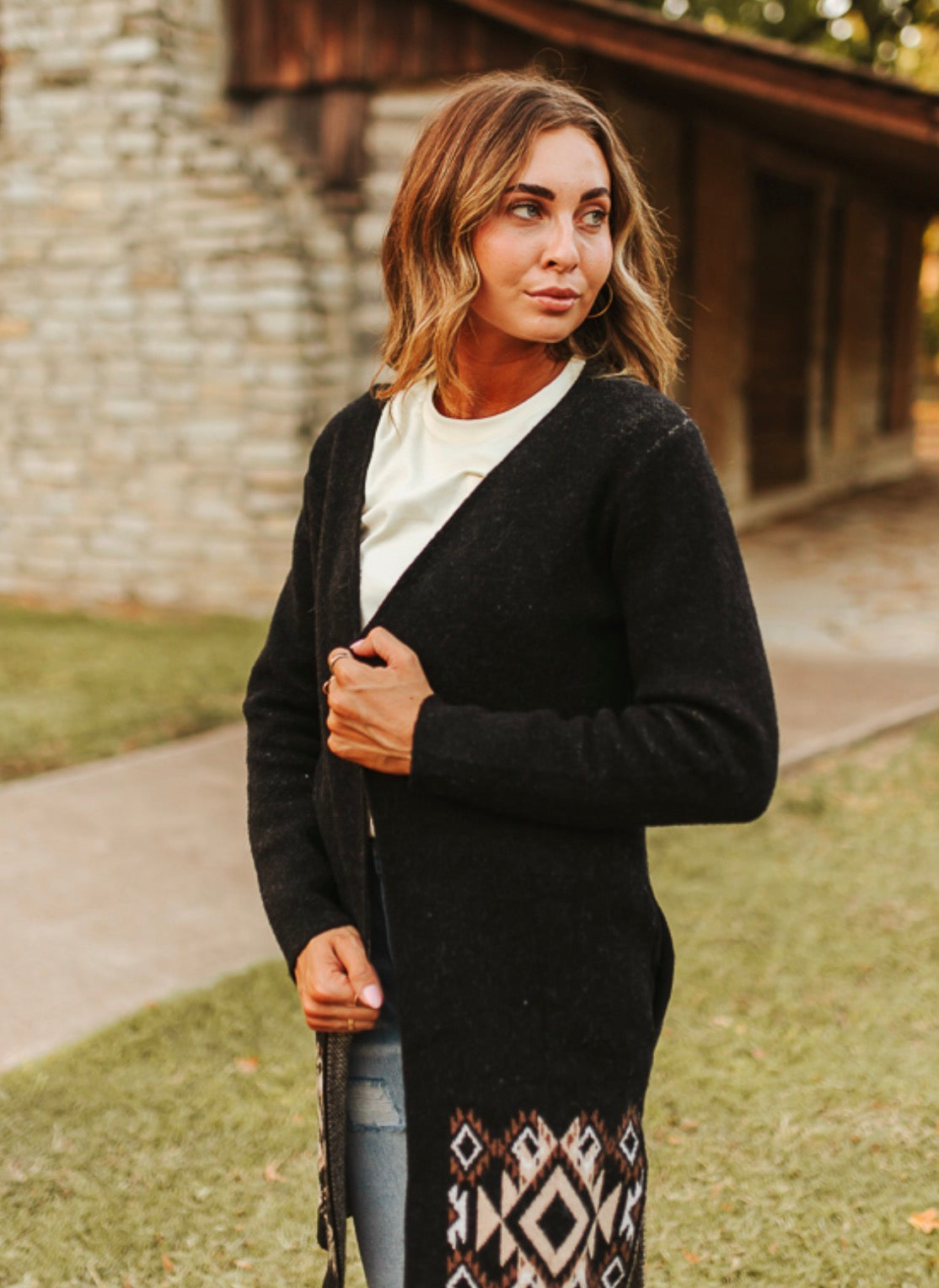 BLACK KNIT BRONCO WESTERN LONG CARDIGAN