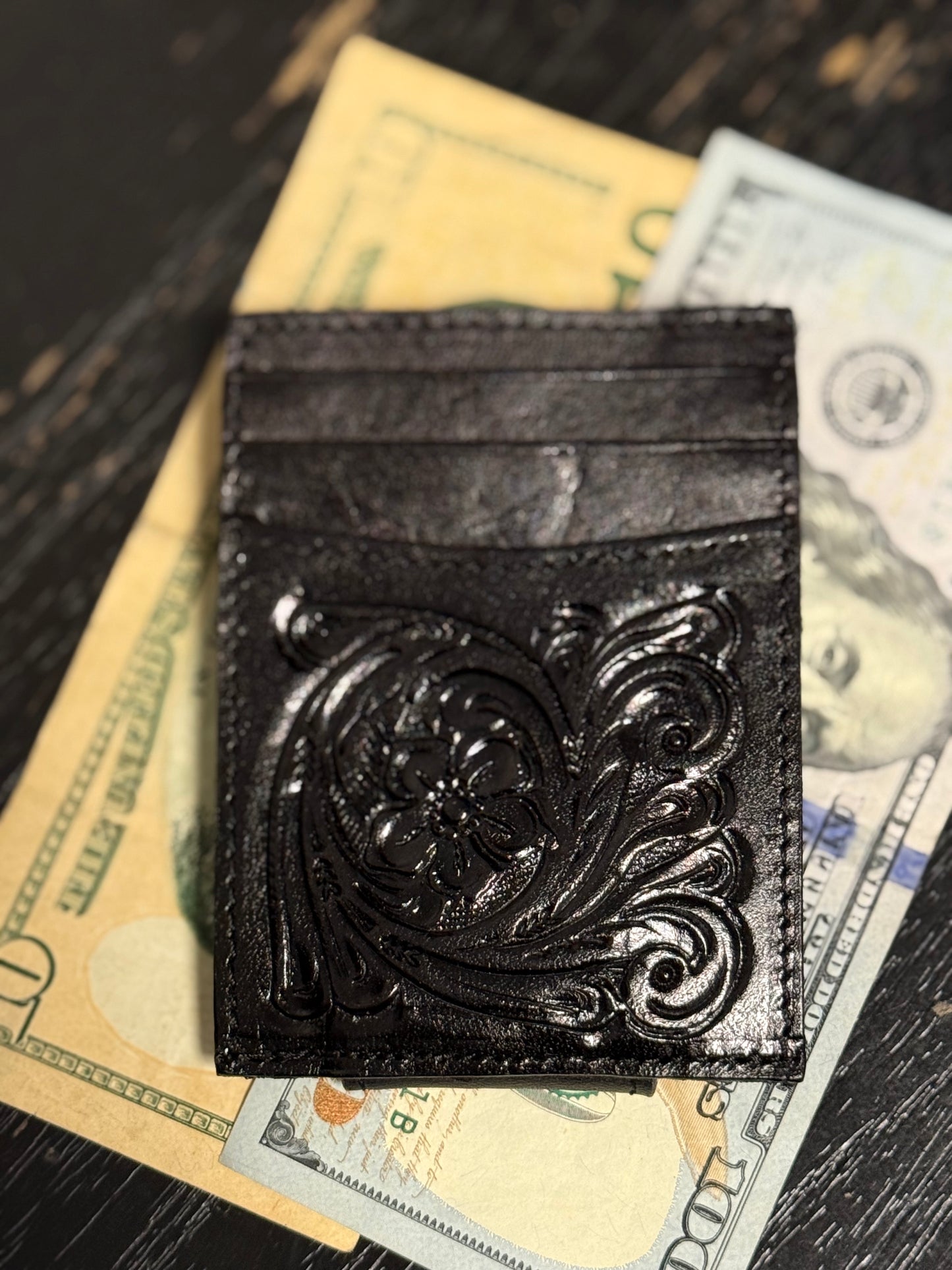 Tooled leather wallet with magnetic money clip
