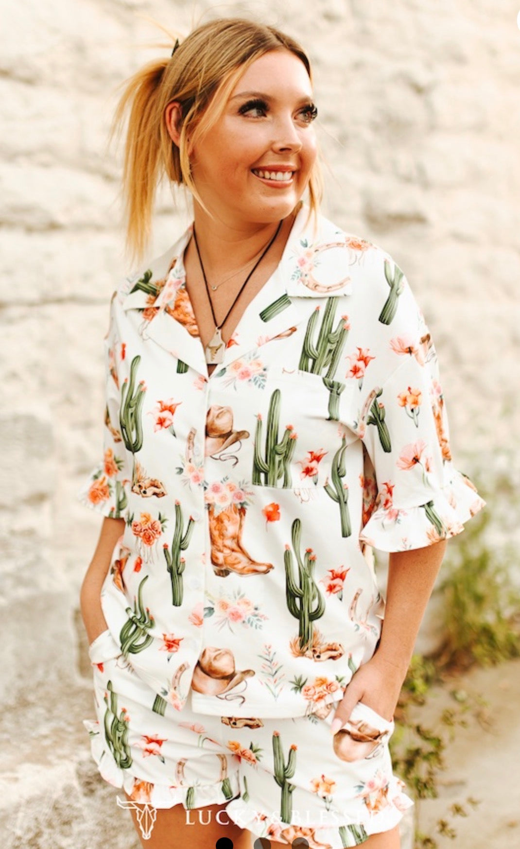 CACTUS WESTERN PRINTED BUTTON DOWN RUFFLE SLEEVE W PRINTED RUFFLE SHORTS SET