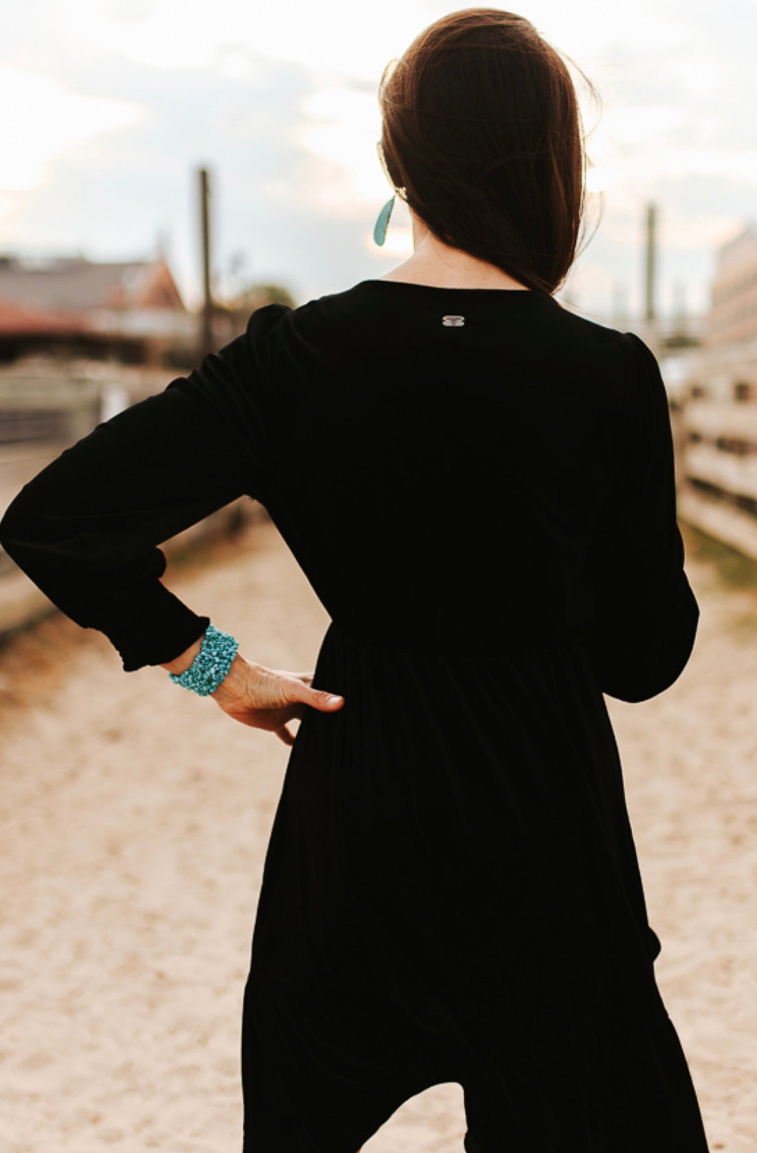 BLACK VELVET STUDDED V-NECK RUFFLE HEM DRESS