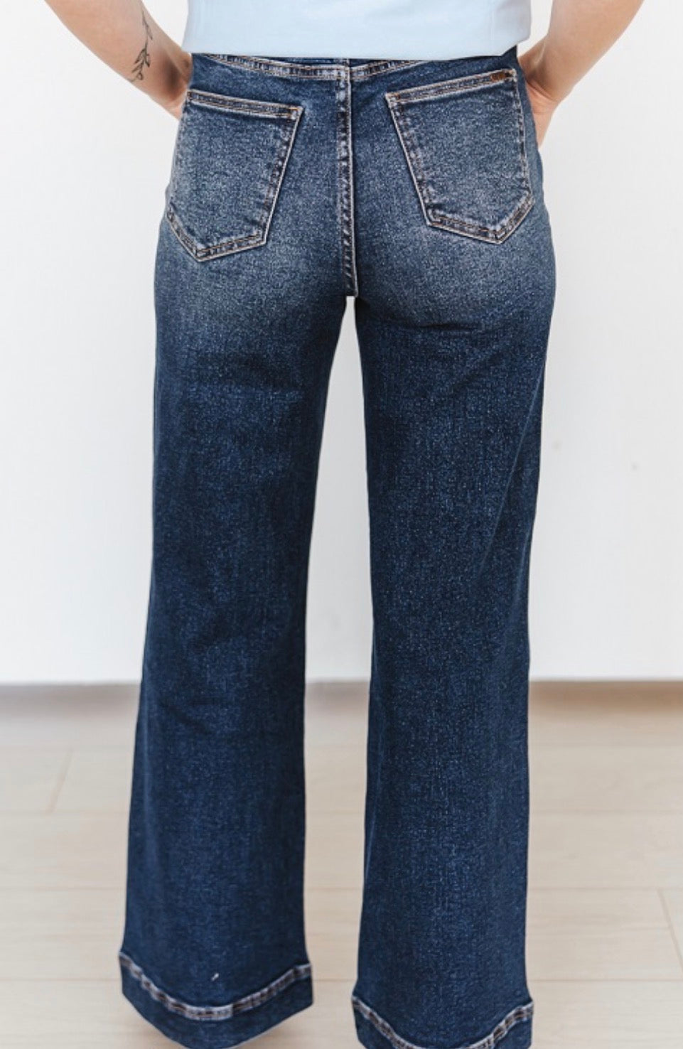 MID WASH DISTRESSED WESTERN EMBROIDERY HIGH RISE WIDE LEG JEANS (32IN INSEAM)