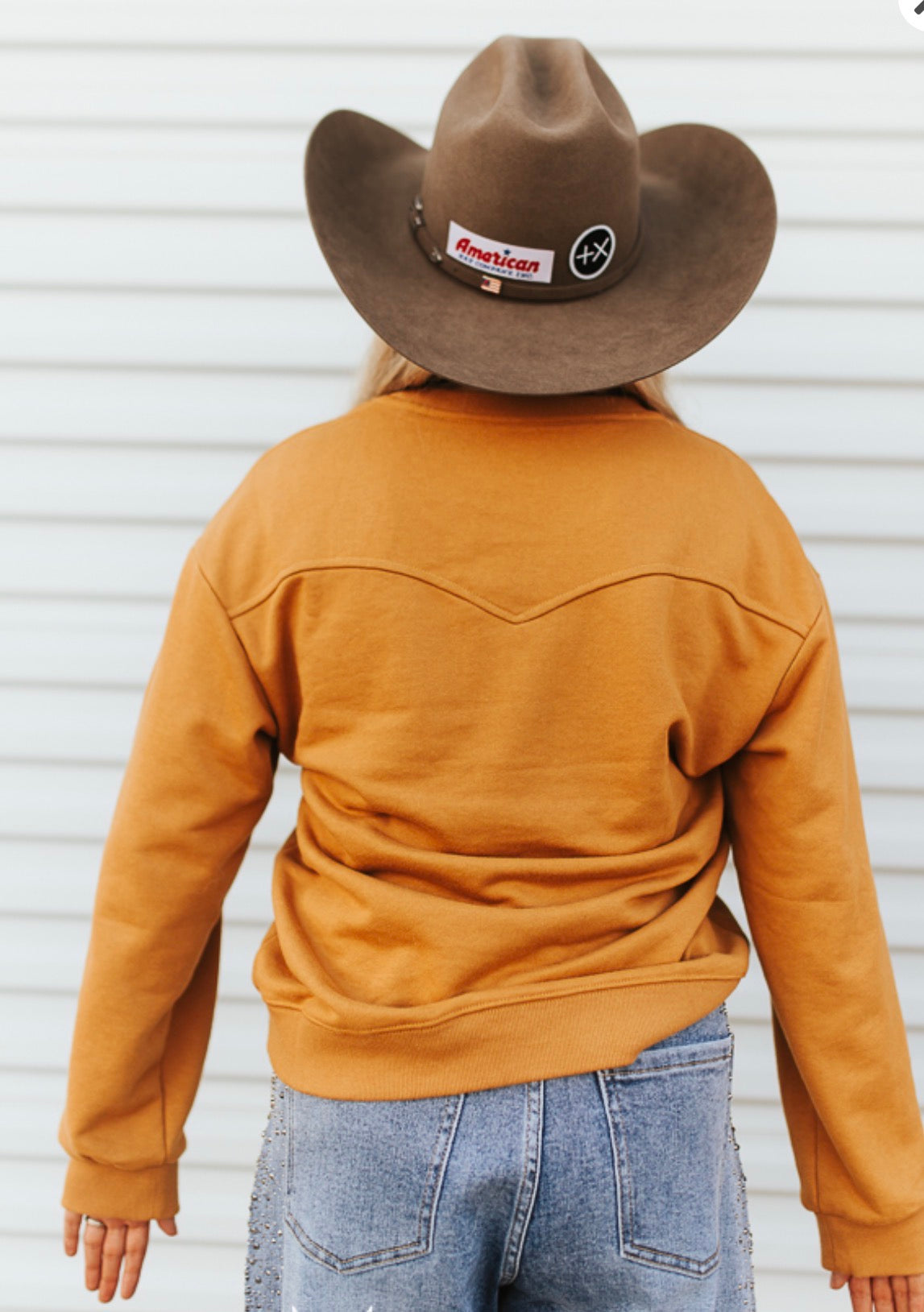 CAMEL EMBROIDERED DENIM FRONT POCKET SWEATSHIRT