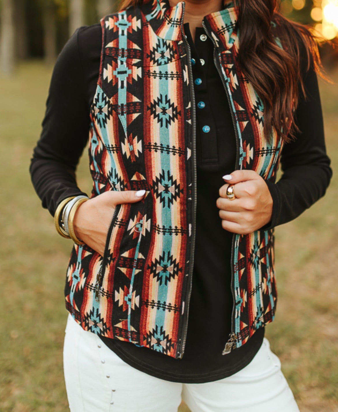 Black Multi Aztec Quilted Lined Zip-Up Vest