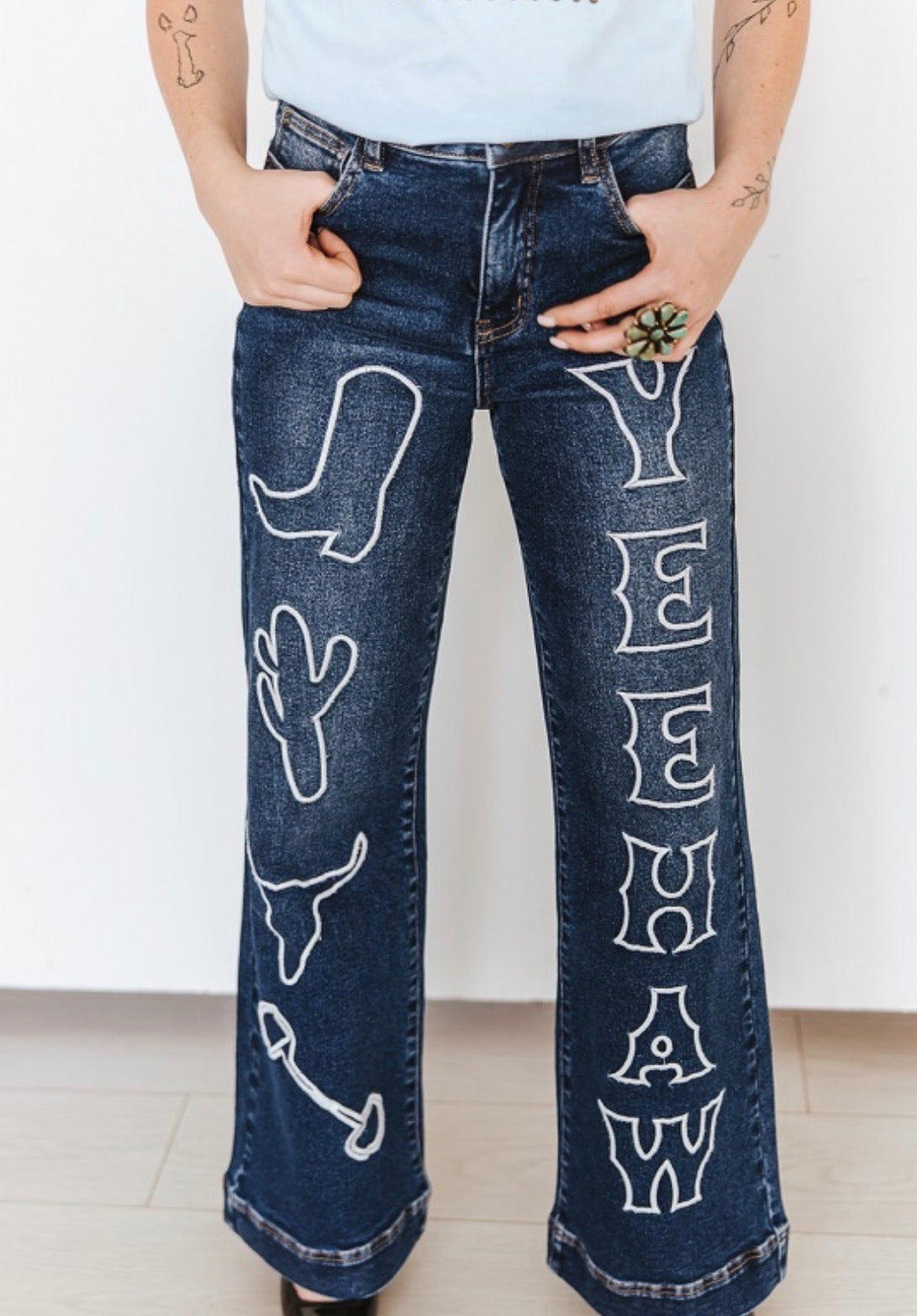 MID WASH DISTRESSED WESTERN EMBROIDERY HIGH RISE WIDE LEG JEANS (32IN INSEAM)