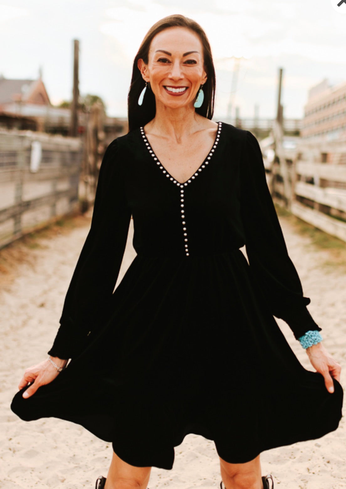 BLACK VELVET STUDDED V-NECK RUFFLE HEM DRESS