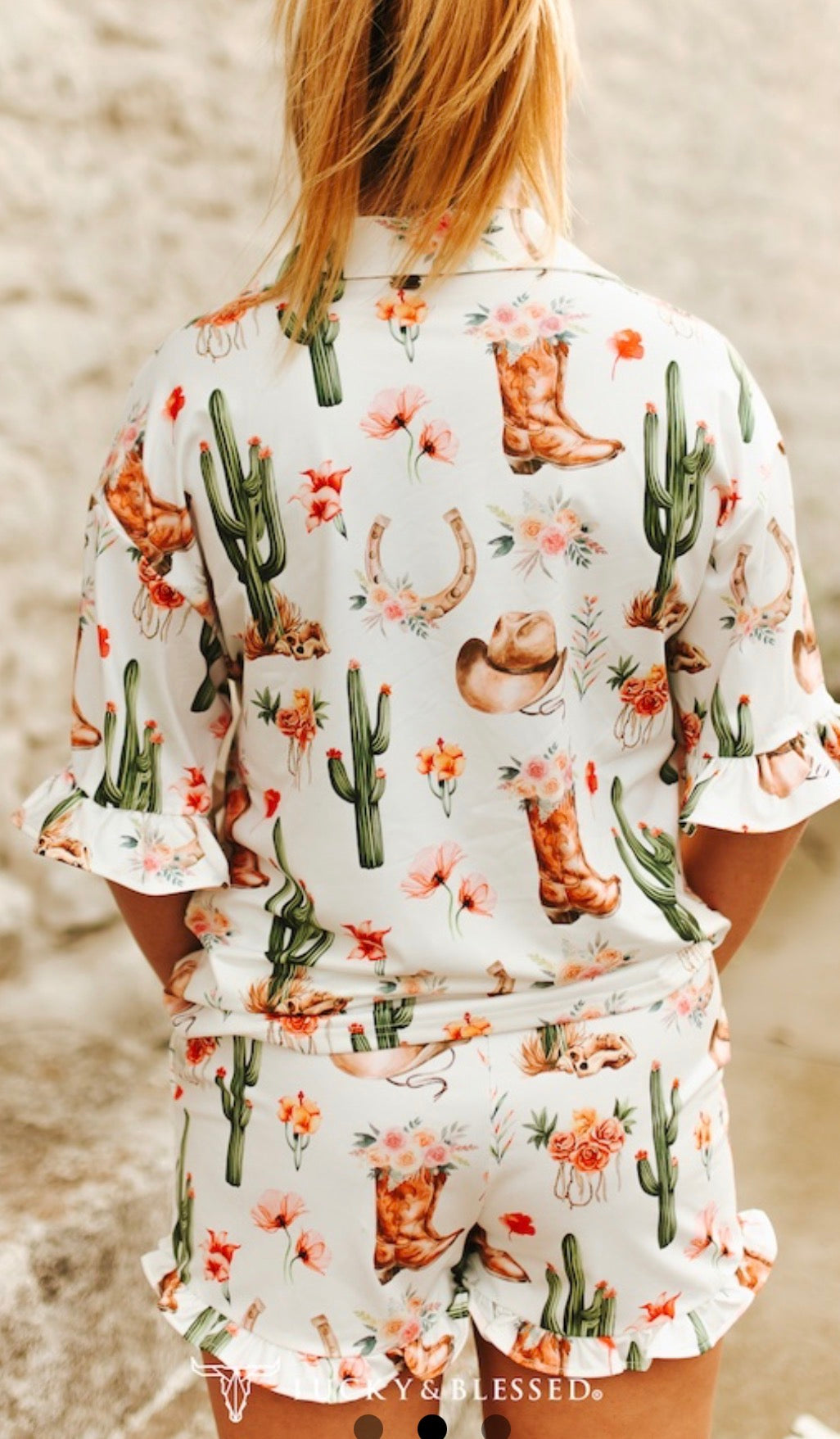 CACTUS WESTERN PRINTED BUTTON DOWN RUFFLE SLEEVE W PRINTED RUFFLE SHORTS SET