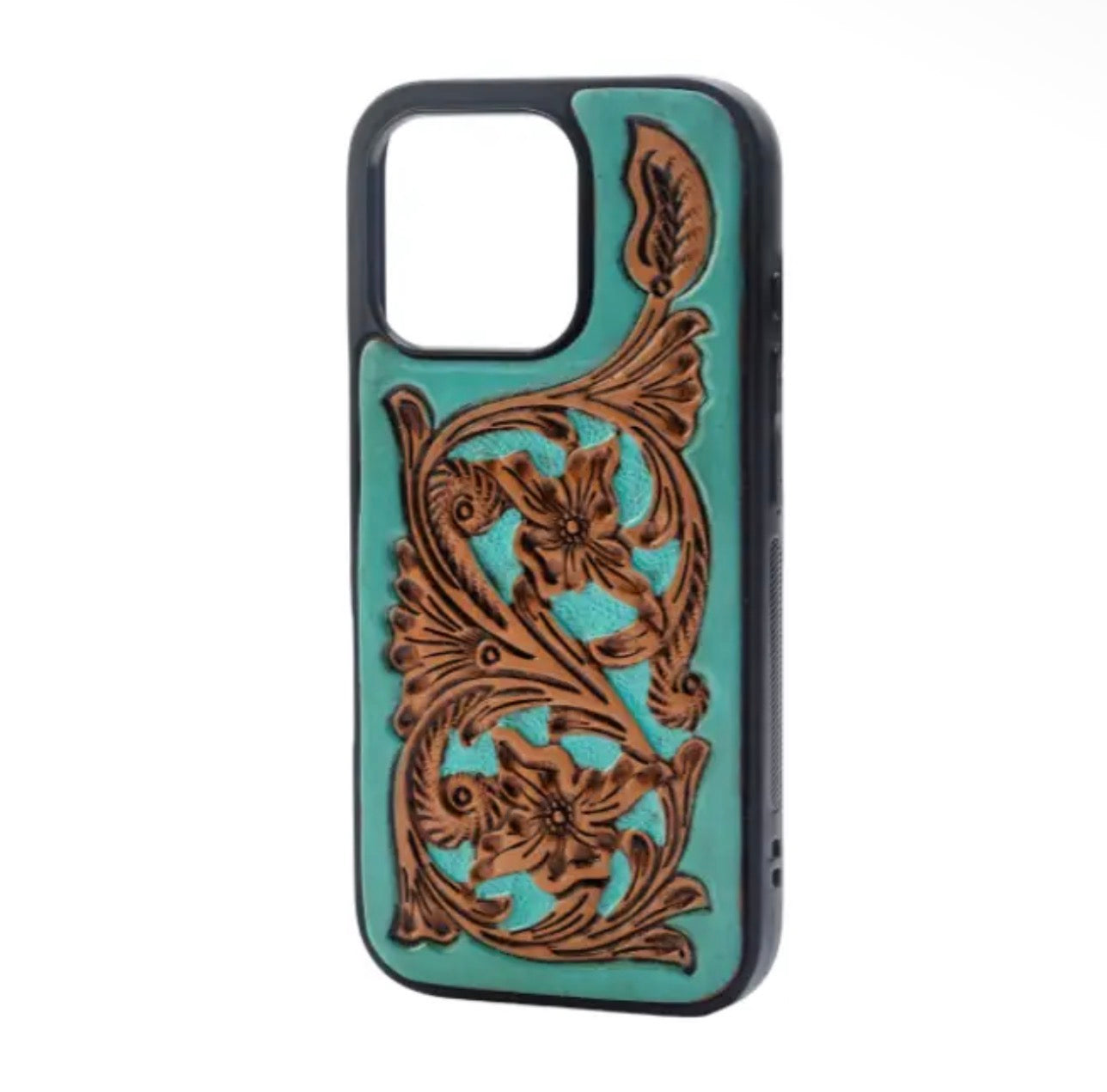 Turquoise & Tan Tooled Leather Phone Case (Iphone 19 Pro)
