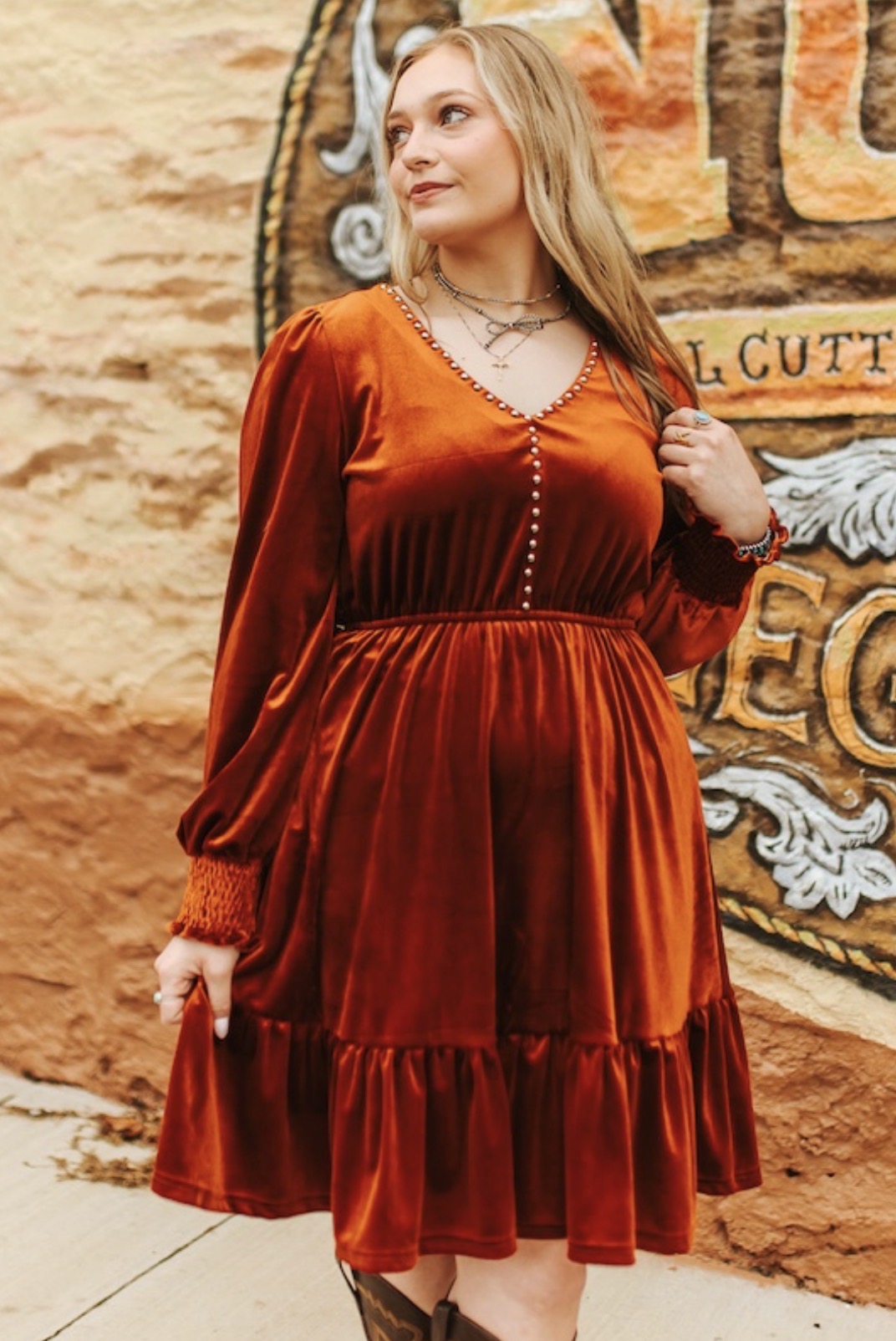 RUST VELVET LONG SLEEVE VINTAGE RUFFLE HEM STUDDED DRESS