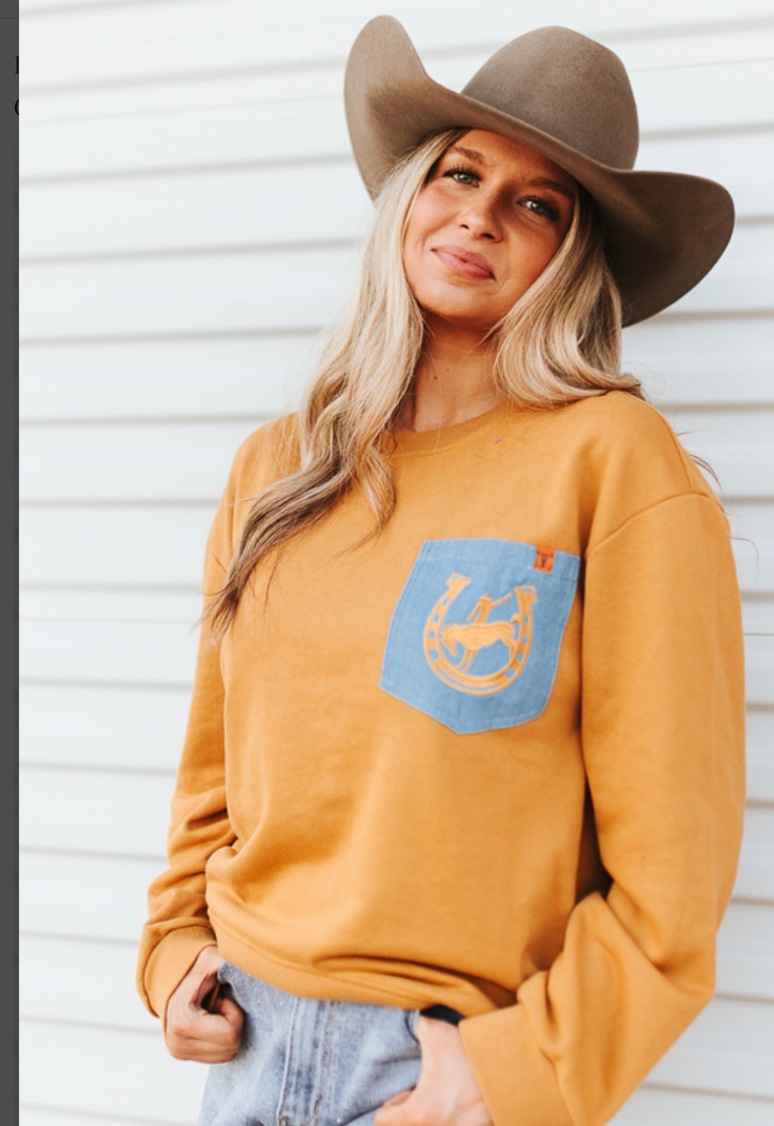 CAMEL EMBROIDERED DENIM FRONT POCKET SWEATSHIRT