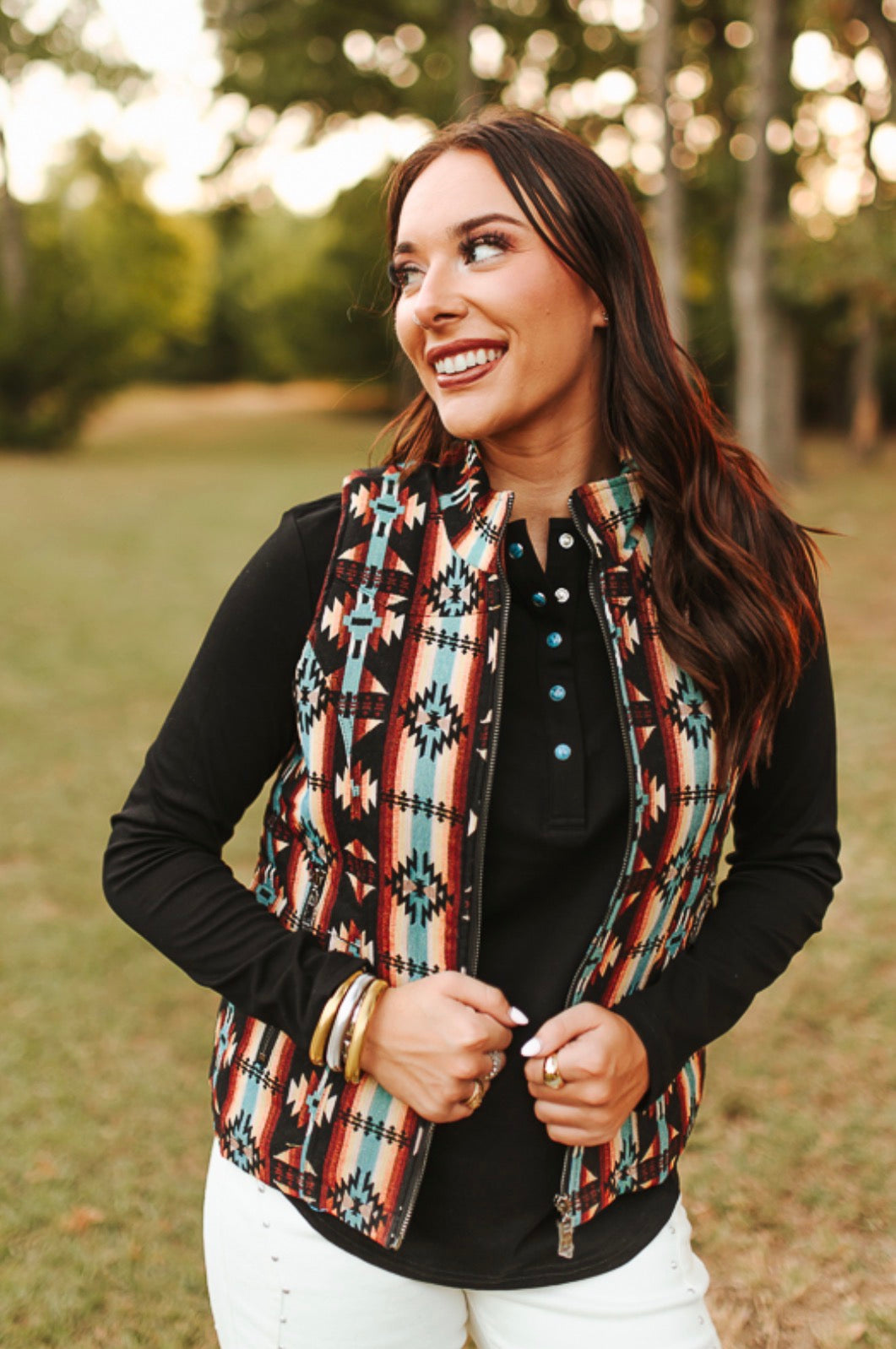Black Multi Aztec Quilted Lined Zip-Up Vest