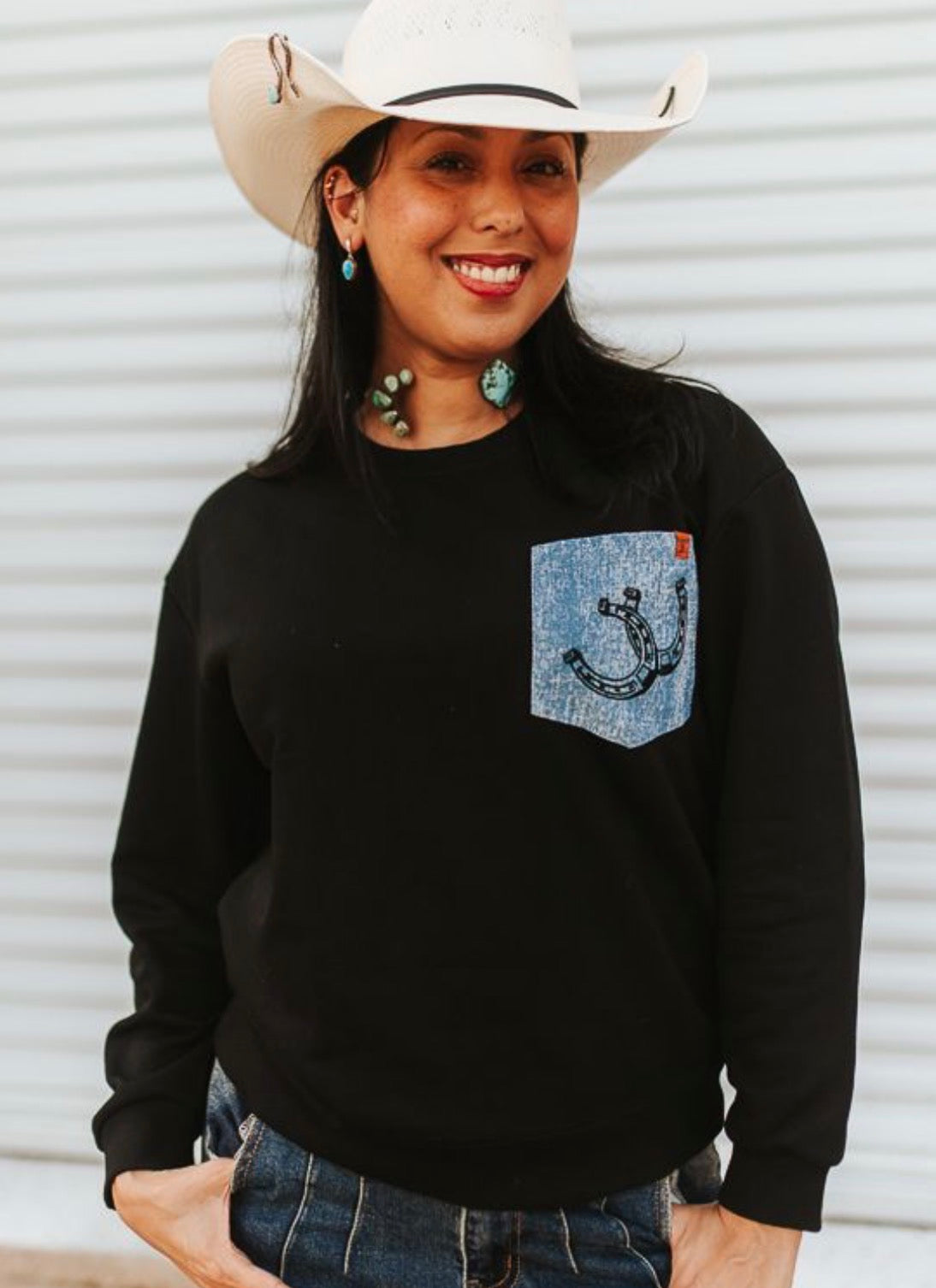 BLACK EMBROIDERED DENIM FRONT POCKET SWEATSHIRT