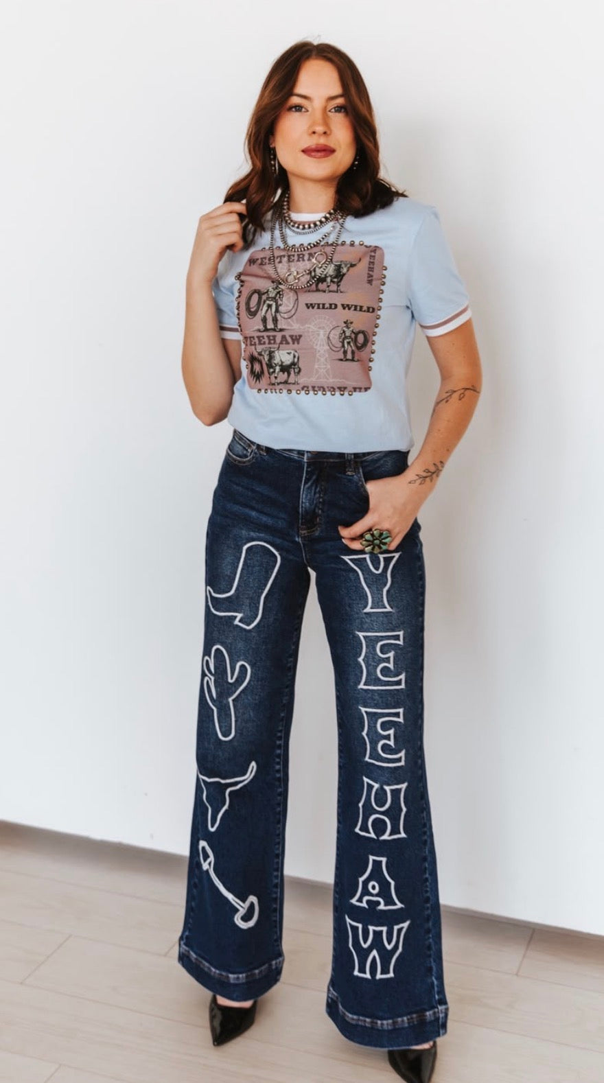 MID WASH DISTRESSED WESTERN EMBROIDERY HIGH RISE WIDE LEG JEANS (32IN INSEAM)