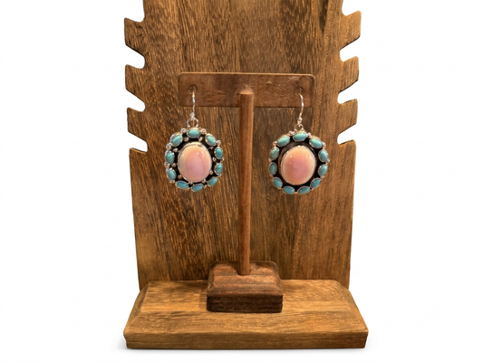 Pink Conch & Turquoise Stud Fish Hook Earrings